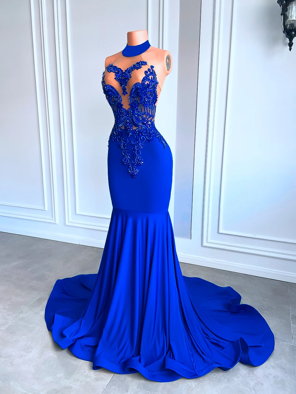 Haute Couture Dlho Prom Šaty, Elegantné Vysoká Krku Luxusné Vyšívanie Korálkami Kráľovská Modrá Spandex Čierny Dievča Morská Víla Prom Šaty