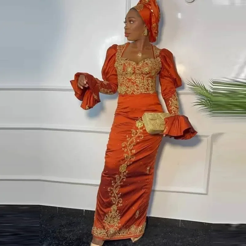 Nový Orange Satin Africkej Ženy Morská Víla Večerné Šaty So Zlatým Čipky Appliques Korálky, Flitre Dlhé Rukávy Ženy Narodeniny Plášte